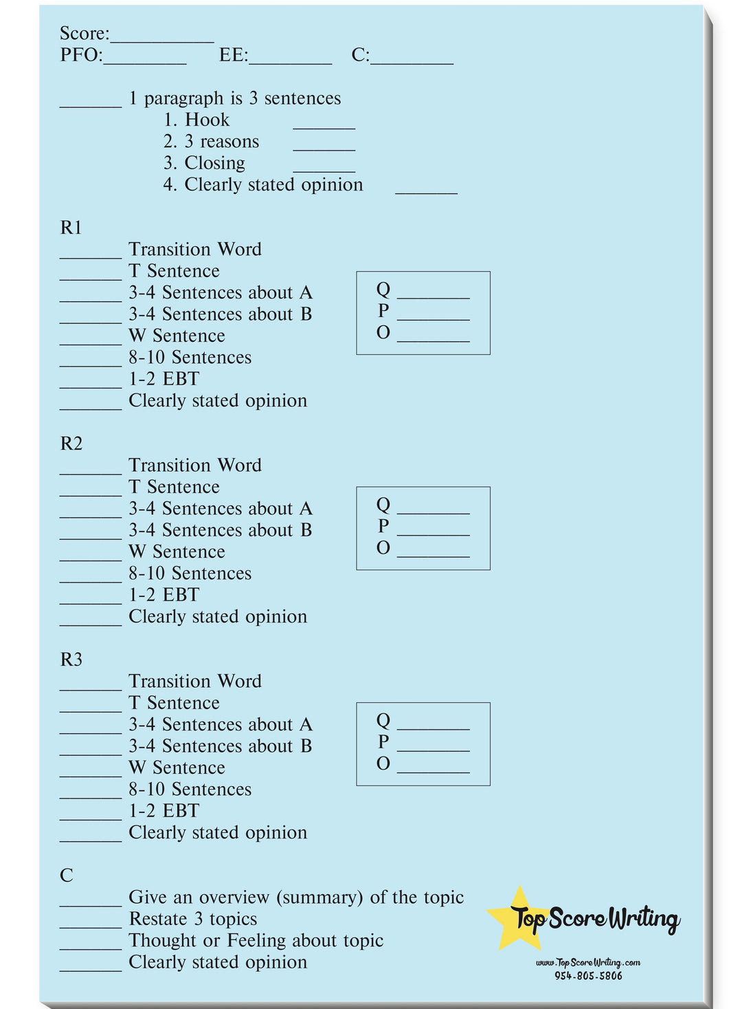 Sticky Note Scoring and Feedback Sheets Blue Opinion – Top Score Writing